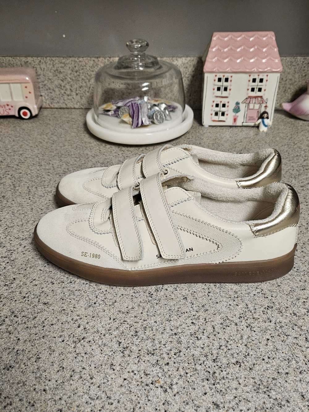 Sam Edelman Cream Velcro Sneakers with Gold Heel